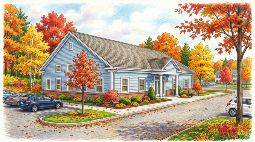 Hand-drawn illustration of a single-storey medical office building in a New England office park in autumn