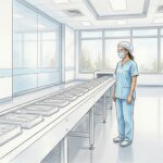 Hand-drawn illustration of a clean medical device manufacturing line with blank packaging trays