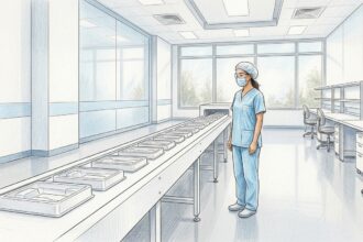 Hand-drawn illustration of a clean medical device manufacturing line with blank packaging trays
