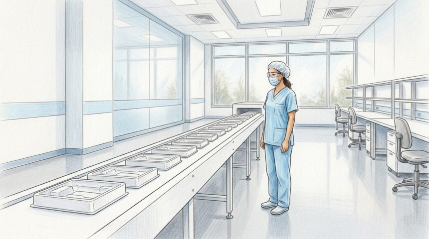 Hand-drawn illustration of a clean medical device manufacturing line with blank packaging trays