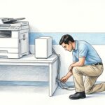 Hand-drawn illustration of a hospital IT print room with a white copier and server tower