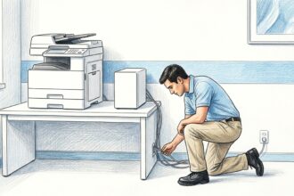 Hand-drawn illustration of a hospital IT print room with a white copier and server tower