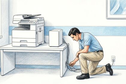 Hand-drawn illustration of a hospital IT print room with a white copier and server tower