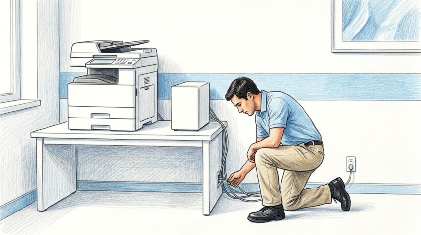 Hand-drawn illustration of a hospital IT print room with a white copier and server tower