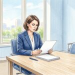 Hand-drawn illustration of a lawyer reviewing a blank document in a bright law office
