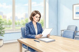 Hand-drawn illustration of a lawyer reviewing a blank document in a bright law office