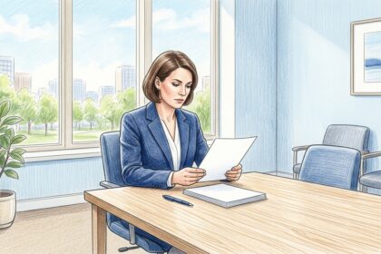 Hand-drawn illustration of a lawyer reviewing a blank document in a bright law office