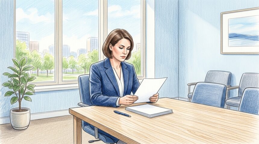 Hand-drawn illustration of a lawyer reviewing a blank document in a bright law office