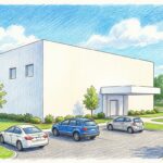 Hand-drawn illustration of a white hospital administration building with a flat canopy