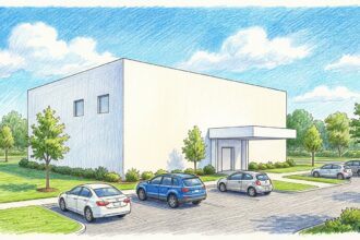Hand-drawn illustration of a white hospital administration building with a flat canopy