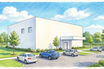 Hand-drawn illustration of a white hospital administration building with a flat canopy