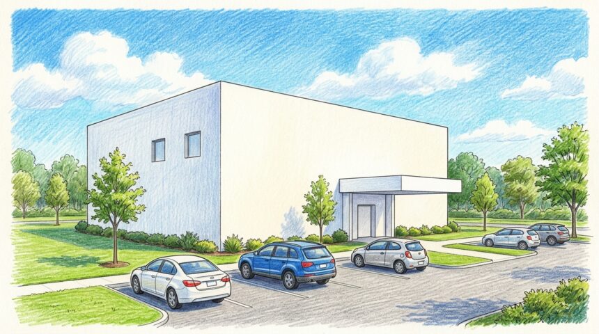 Hand-drawn illustration of a white hospital administration building with a flat canopy
