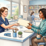 Hand-drawn illustration of a healthcare administrator handing a folder to a patient