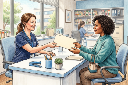 Hand-drawn illustration of a healthcare administrator handing a folder to a patient