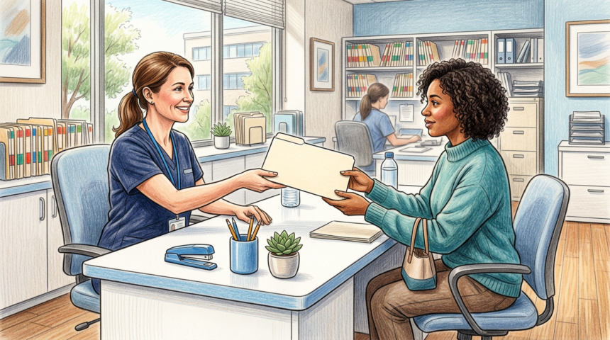 Hand-drawn illustration of a healthcare administrator handing a folder to a patient