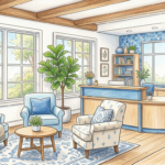 Hand-drawn illustration of a welcoming community health charity reception area