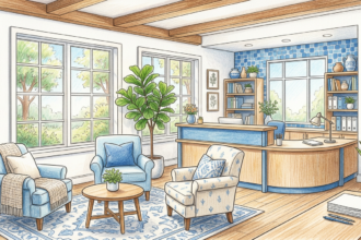 Hand-drawn illustration of a welcoming community health charity reception area