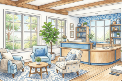 Hand-drawn illustration of a welcoming community health charity reception area