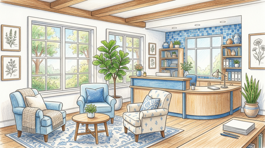 Hand-drawn illustration of a welcoming community health charity reception area