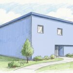 Hand-drawn illustration of a medical group headquarters building exterior