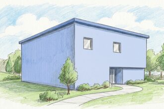 Hand-drawn illustration of a medical group headquarters building exterior