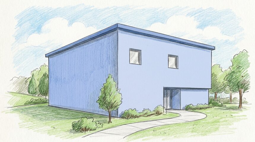 Hand-drawn illustration of a medical group headquarters building exterior