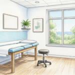 Hand-drawn illustration of a clean medical clinic examination room