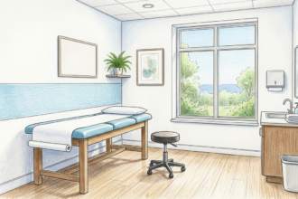 Hand-drawn illustration of a clean medical clinic examination room