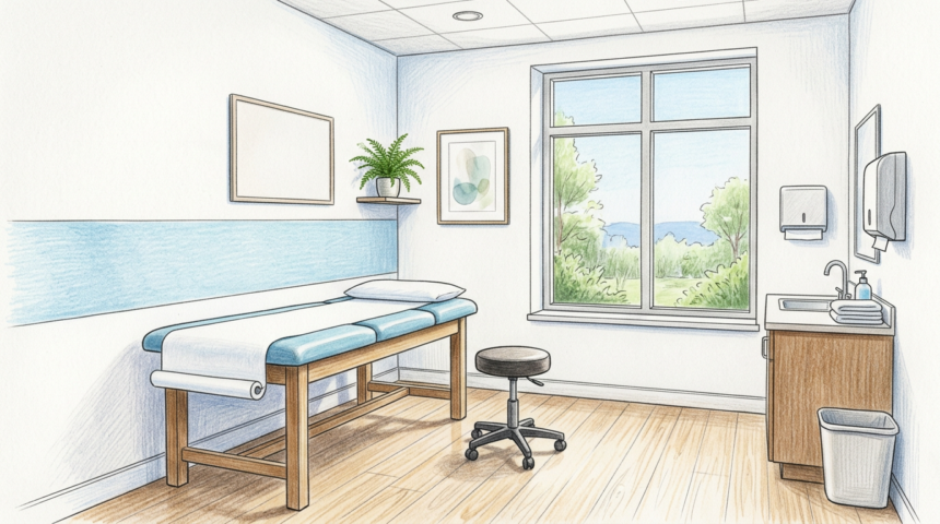 Hand-drawn illustration of a clean medical clinic examination room