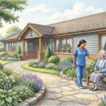 Hand-drawn illustration of a peaceful hospice care facility garden