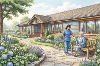 Hand-drawn illustration of a peaceful hospice care facility garden