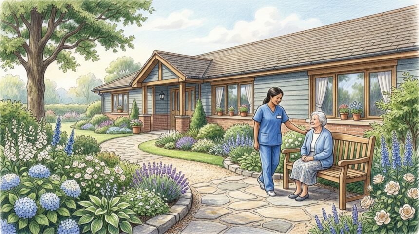 Hand-drawn illustration of a peaceful hospice care facility garden