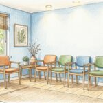 Hand-drawn illustration of a bright urgent care clinic waiting room