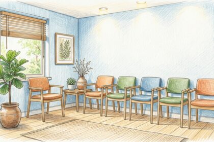 Hand-drawn illustration of a bright urgent care clinic waiting room