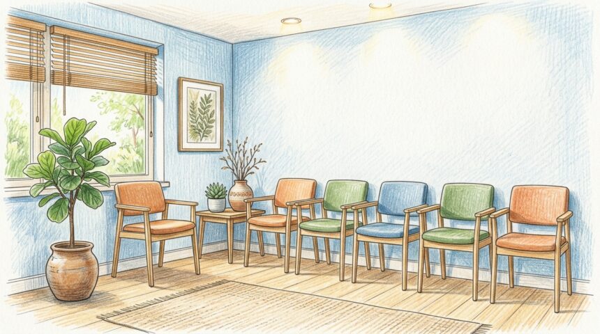 Hand-drawn illustration of a bright urgent care clinic waiting room