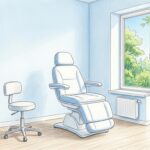 Hand-drawn illustration of a bright eye care clinic examination room