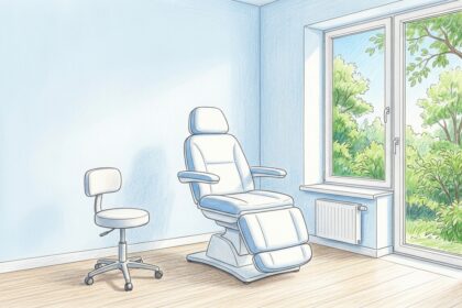 Hand-drawn illustration of a bright eye care clinic examination room