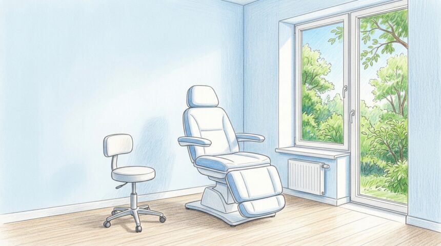 Hand-drawn illustration of a bright eye care clinic examination room