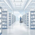 Hand-drawn illustration of a bright pharmaceutical distribution warehouse with plain unmarked shelves