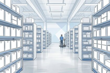 Hand-drawn illustration of a bright pharmaceutical distribution warehouse with plain unmarked shelves