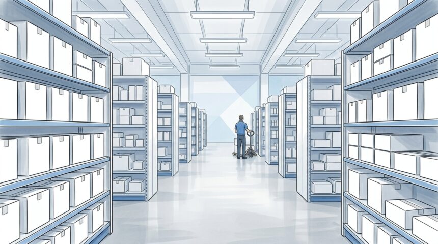Hand-drawn illustration of a bright pharmaceutical distribution warehouse with plain unmarked shelves