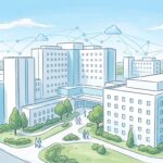 Hand-drawn illustration of a hospital campus with abstract blue network lines overhead