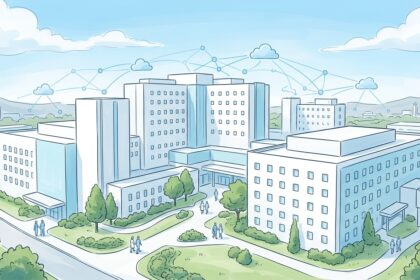 Hand-drawn illustration of a hospital campus with abstract blue network lines overhead