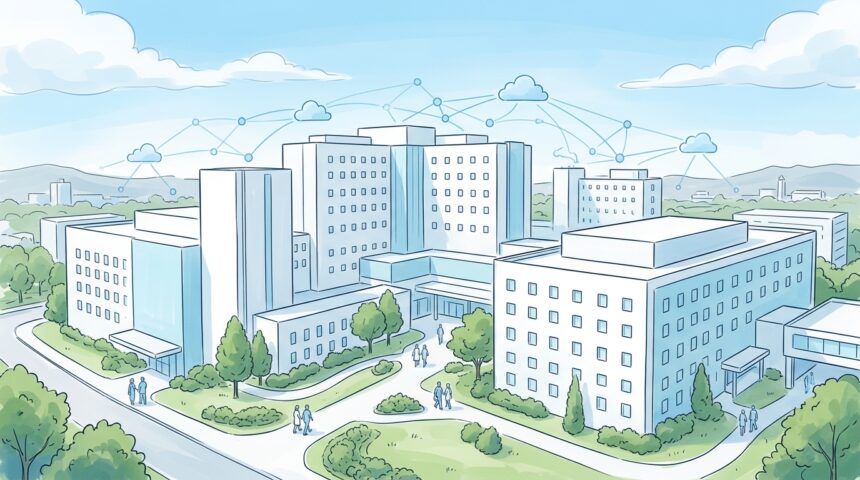 Hand-drawn illustration of a hospital campus with abstract blue network lines overhead