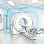 Hand-drawn illustration of an empty radiation therapy room with a large white ring-shaped scanner