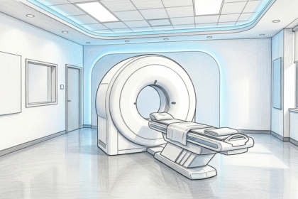 Hand-drawn illustration of an empty radiation therapy room with a large white ring-shaped scanner