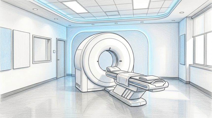 Hand-drawn illustration of an empty radiation therapy room with a large white ring-shaped scanner