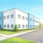 Hand-drawn illustration of a modern medical office building exterior with plain walls and a sunny parking lot