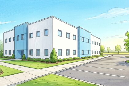 Hand-drawn illustration of a modern medical office building exterior with plain walls and a sunny parking lot