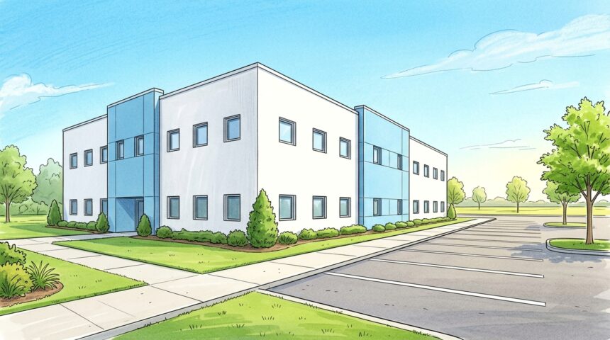 Hand-drawn illustration of a modern medical office building exterior with plain walls and a sunny parking lot